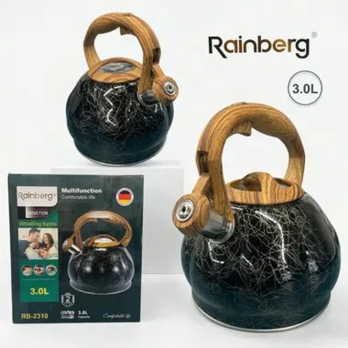 Чайник зі свистком Rainberg RB-2310 для індукції, 3.0 л (стиль під дерево) (арт. 14641)