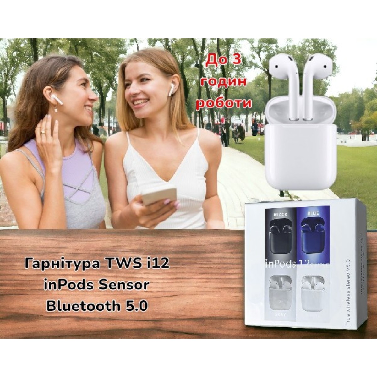 Стерео гарнітура TWS i12 inPods Sensor Bluetooth 5.0 (арт. 21309)