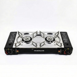 Туристическая газовая плита YANCHUAN 2 конфорки с адаптером. Переносная плитка под цанговый и большой баллон, Нержавейка
