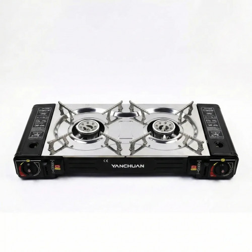 Туристическая газовая плита YANCHUAN 2 конфорки с адаптером. Переносная плитка под цанговый и большой баллон, Нержавейка