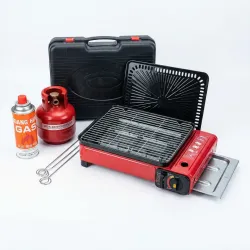 Портативний газовий гриль-барбекю 2в1 (Картридж + Балон). Туристична плита-гриль у кейсі, Червона