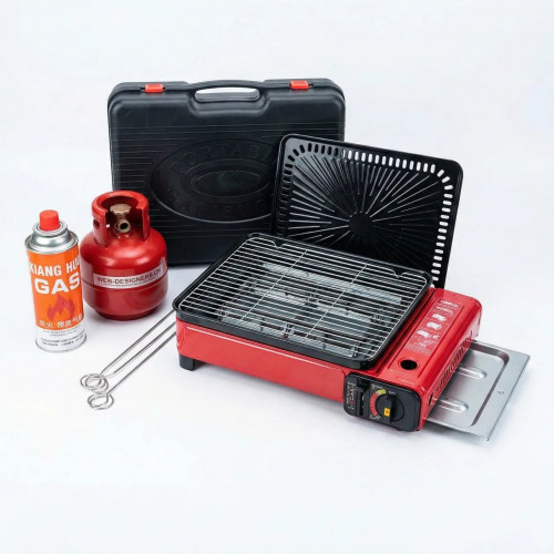 Портативний газовий гриль-барбекю 2в1 (Картридж + Балон). Туристична плита-гриль у кейсі, Червона
