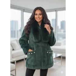 💚 Хіт сезону! Тепла кофта/кардиган з еко-хутра з перлинами. Смарагдовий колір.