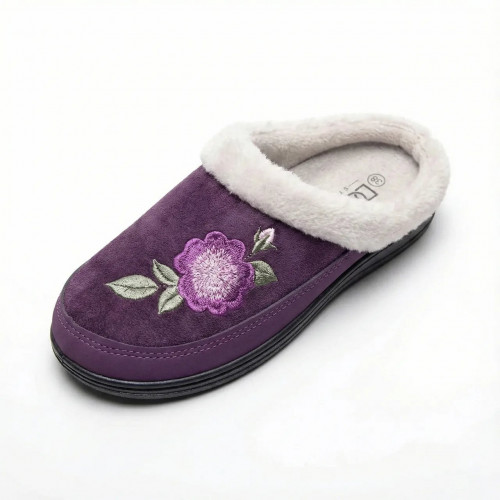 Жіночі домашні капці фіолетові з вишивкою на хутрі теплі Dago Style (36-41) (арт. 8397)