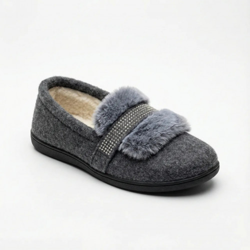 Жіночі домашні капці мокасини сірі повстяні на хутрі зі стразами (36-41) (арт. 8402)