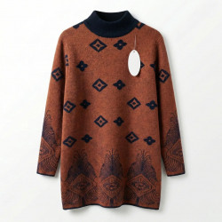 Жіночий подовжений светр-туніка ангора з орнаментом, теракот (52-56). Тепла зимова кофта під горло