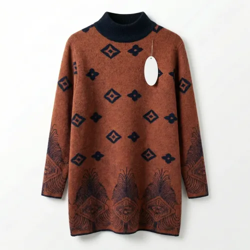 Жіночий подовжений светр-туніка ангора з орнаментом, теракот (52-56). Тепла зимова кофта під горло