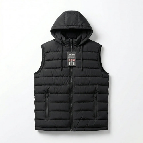 Жилетка мужская стеганая с капюшоном черная. Теплая безрукавка осень-весна 52-60 р