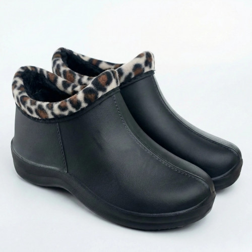 Жіночі утеплені галоші чорні з леопардовим принтом 37-41