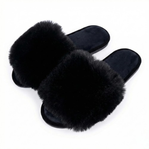 Жіночі кімнатні пухнасті капці шльопанці чорні базові