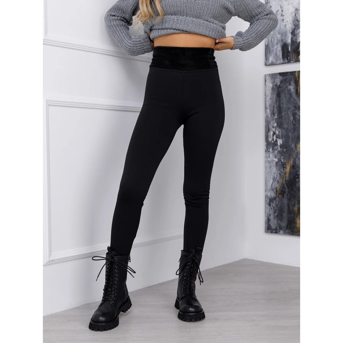 Теплые черные леггинсы из трикотажа на меху с широким пояском S/L (арт. 2849)