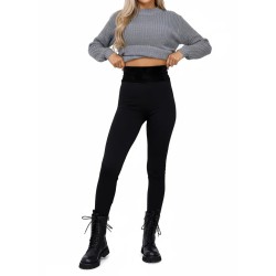 Теплі чорні легінси з трикотажу на хутрі з широким паском S/L