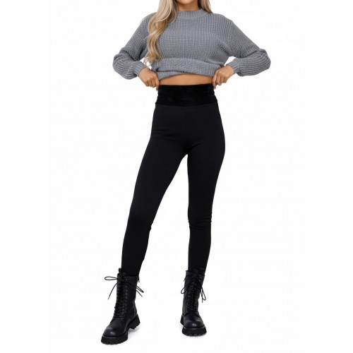 Теплі чорні легінси з трикотажу на хутрі з широким паском S/L