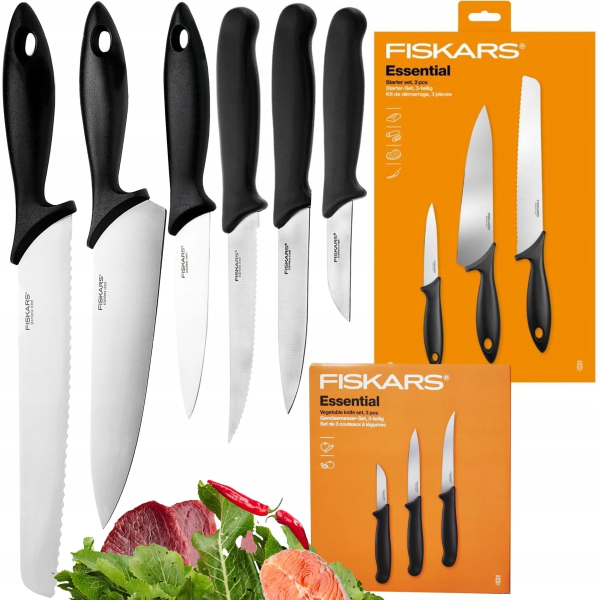 Набір ножів fiskars, 6x кухонний ніж для шеф-кухаря для хліба essential (арт. 2749)