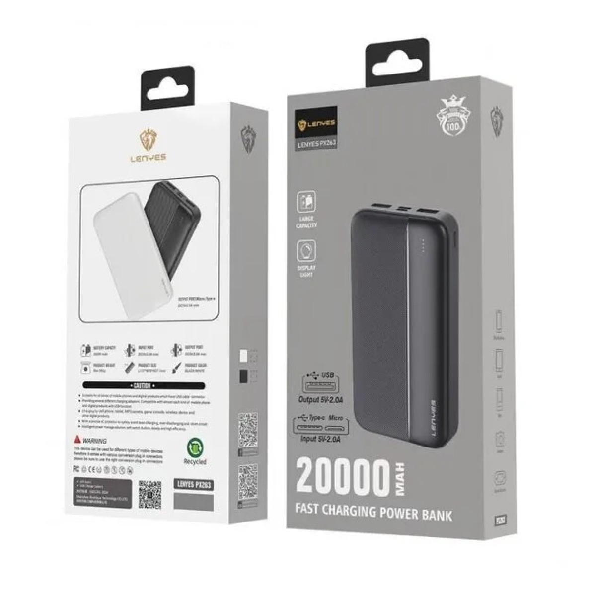 Зовнішній акумулятор повербанк power bank Lenyes PX263 20000mAh компактний універсальний на 2 входи Чорний (арт. 2798)