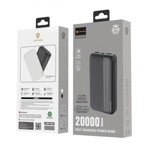 Зовнішній акумулятор повербанк power bank Lenyes PX263 20000mAh компактний універсальний на 2 входи Чорний