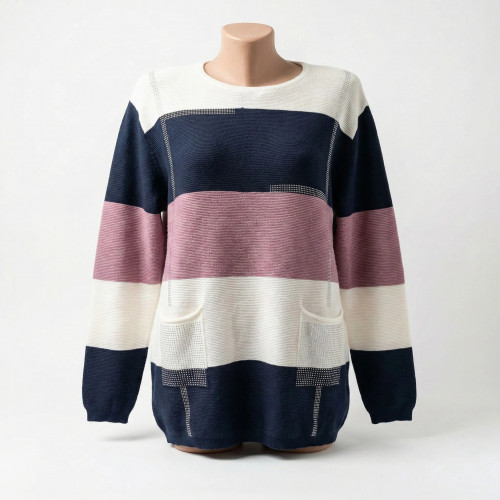 Жіночий светр Kiss Me у смужку зі стразами (синьо-рожевий) р. 44-52