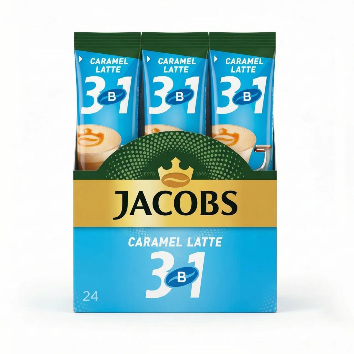 Кавовий напій Jacobs 3в1 Caramel Latte 24 стіки (упаковка) | Карамельний лате, Висока пінка, Десертна кава (арт. 4299)