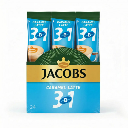 Кавовий напій Jacobs 3в1 Caramel Latte 24 стіки (упаковка) | Карамельний лате, Висока пінка, Десертна кава