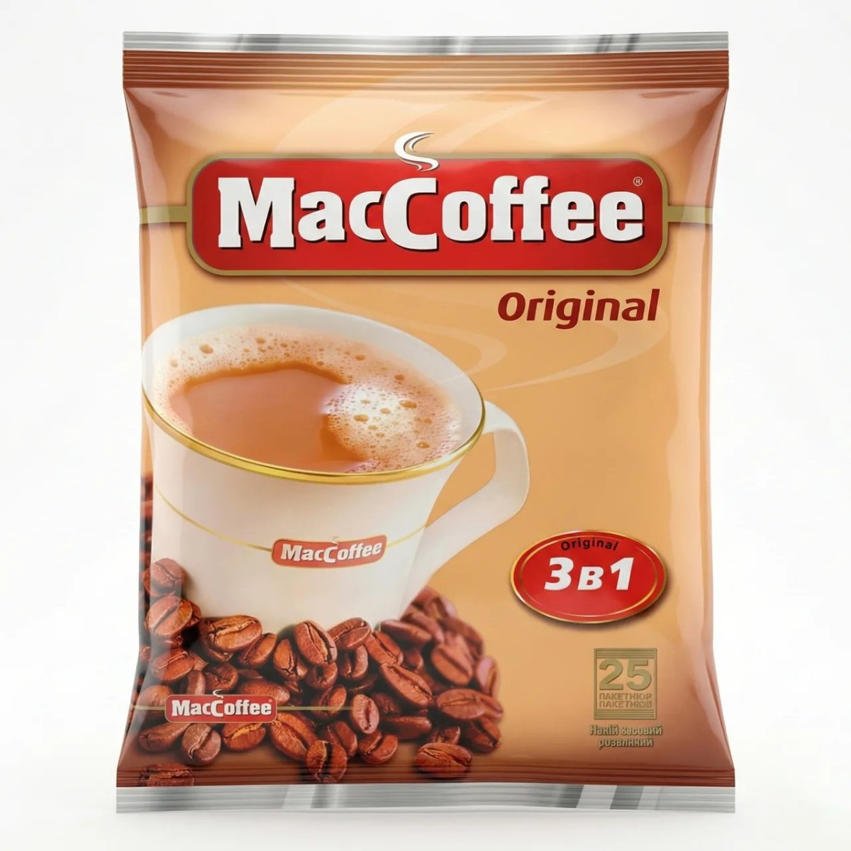 Кава 3в1 MacCoffee The Original 25 шт (пакет) | Кавовий напій у стіках, М'яка упаковка (арт. 4312)