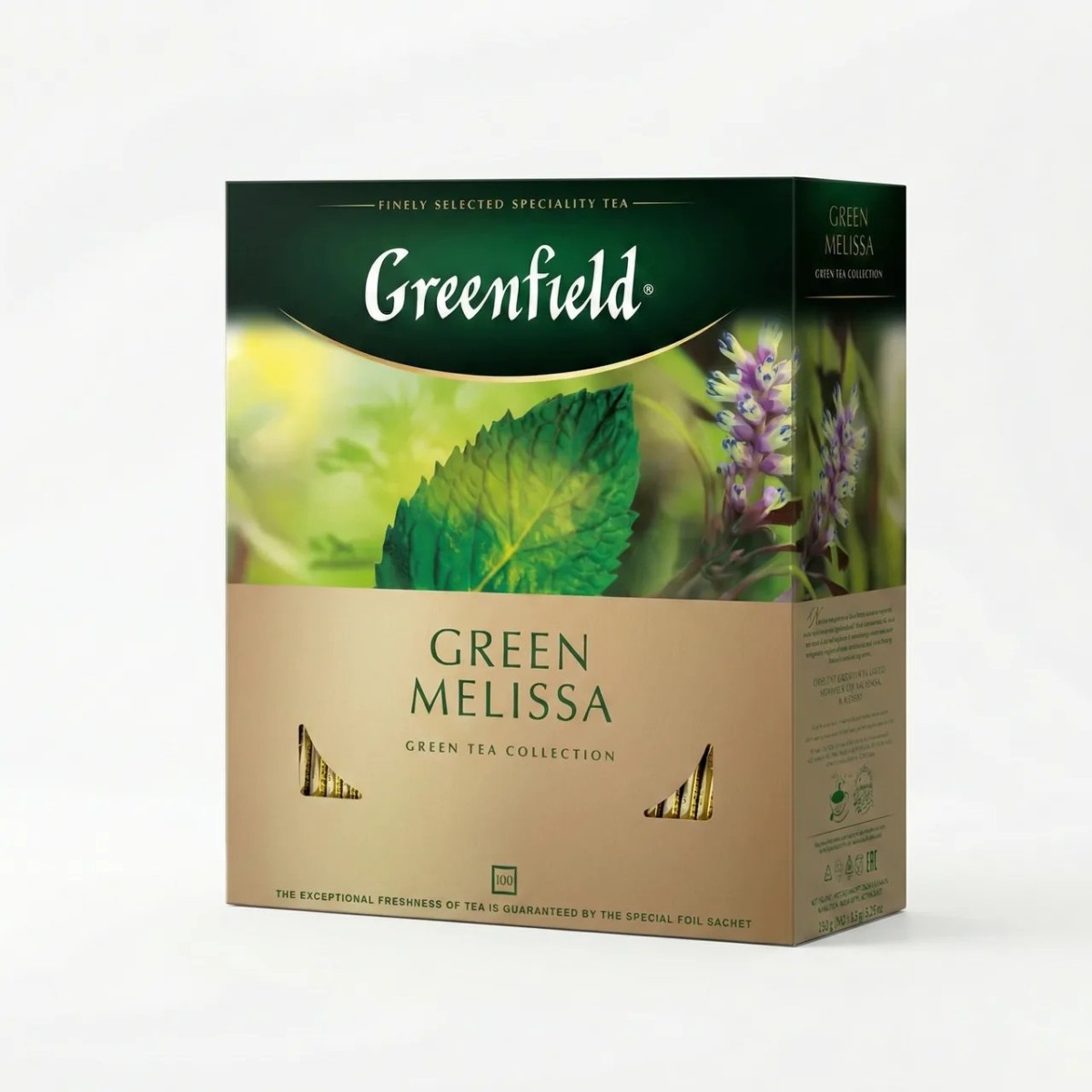 Чай зелений Greenfield Green Melissa 100 пакетиків | З мелісою та м'ятою, У саше, Велике паковання (арт. 4468)