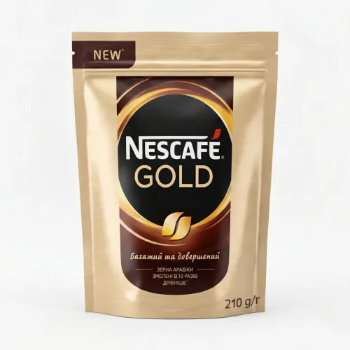 Кава розчинна Nescafé Gold 210 г | М'яка упаковка, Арабіка, Змелена в 10 разів дрібніше