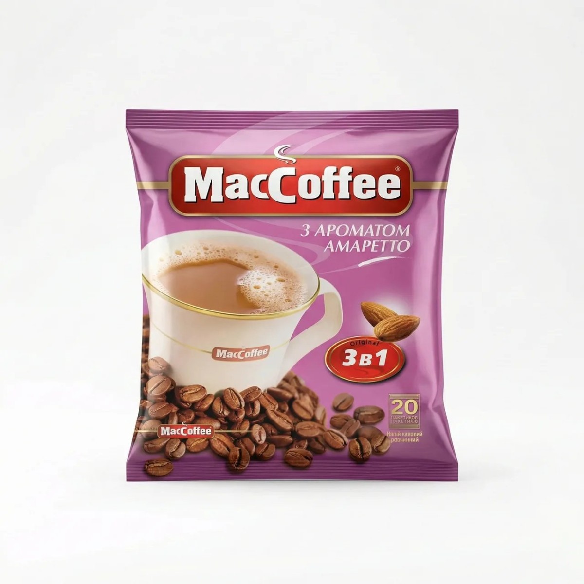 Кавовий напій MacCoffee 3в1 Amaretto 20 стіків (упаковка) | З ароматом Амаретто, Італійський смак, Мигдальні нотки (арт. 4317)