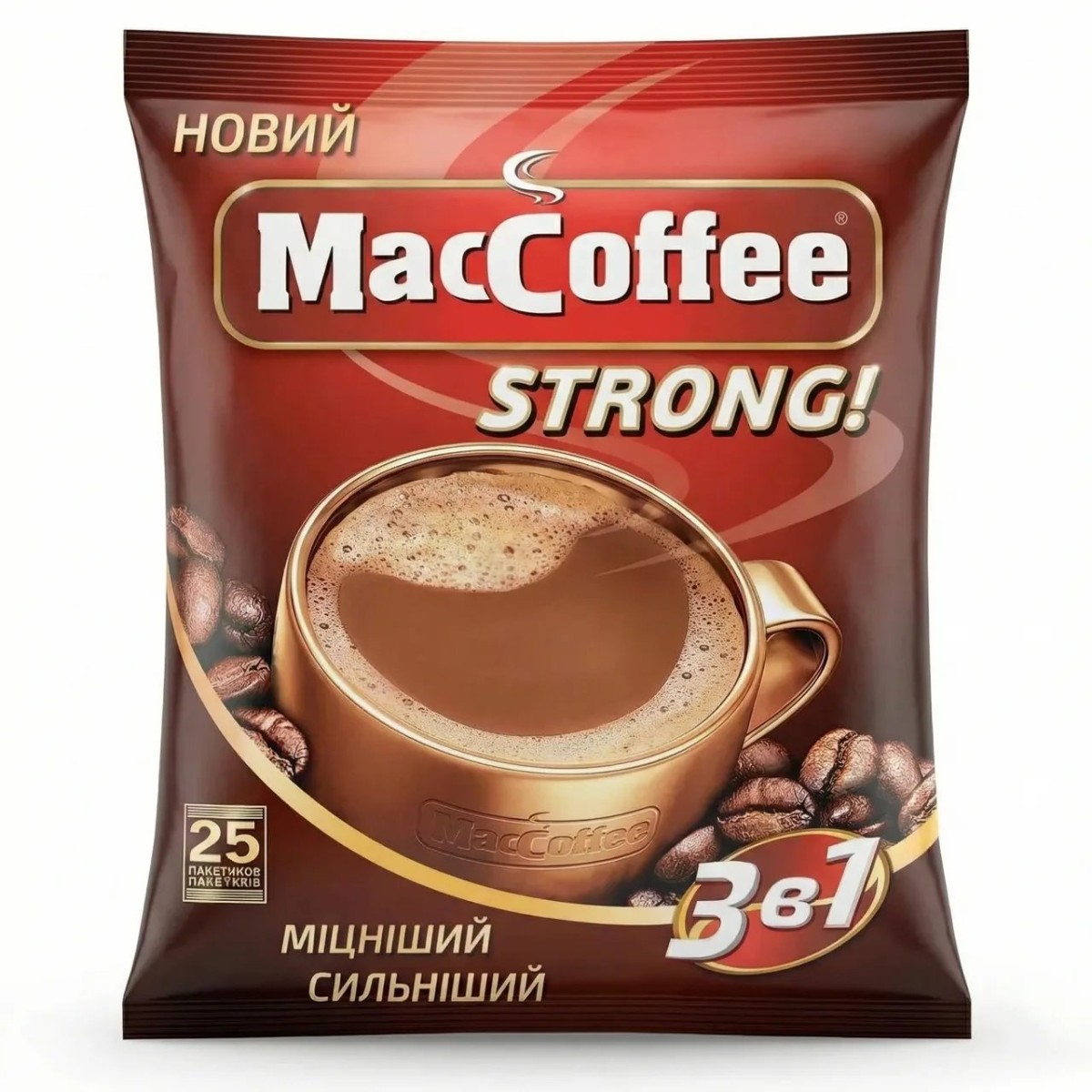 Кавовий напій MacCoffee 3в1 Strong 25 стіків (упаковка) | Максимально міцний, Бадьорий заряд, Новинка (арт. 4314)