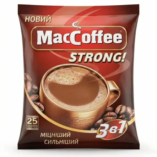 Кавовий напій MacCoffee 3в1 Strong 25 стіків (упаковка) | Максимально міцний, Бадьорий заряд, Новинка