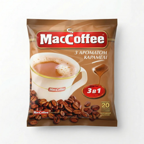 Кавовий напій MacCoffee 3в1 Карамель 20 стіків (упаковка) | З ароматом карамелі, Солодка кава, Десертний мікс