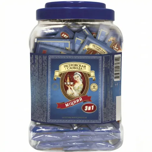 Кавовий напій Петрівська Слобода 3в1 Міцний 50 пакетиків (банка) | Опт, Для офісу, Максимальна енергія