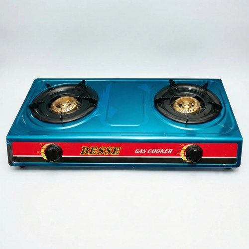 Газова плита настільна 2 конфорки Besse. Синій металевий таганок під балон (Покращені пальники)