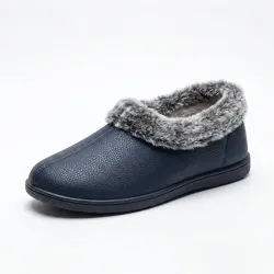 Тапочки кімнатні закриті еко-шкіра сині на хутрі Теплі домашні мокасини унісекс 36-42