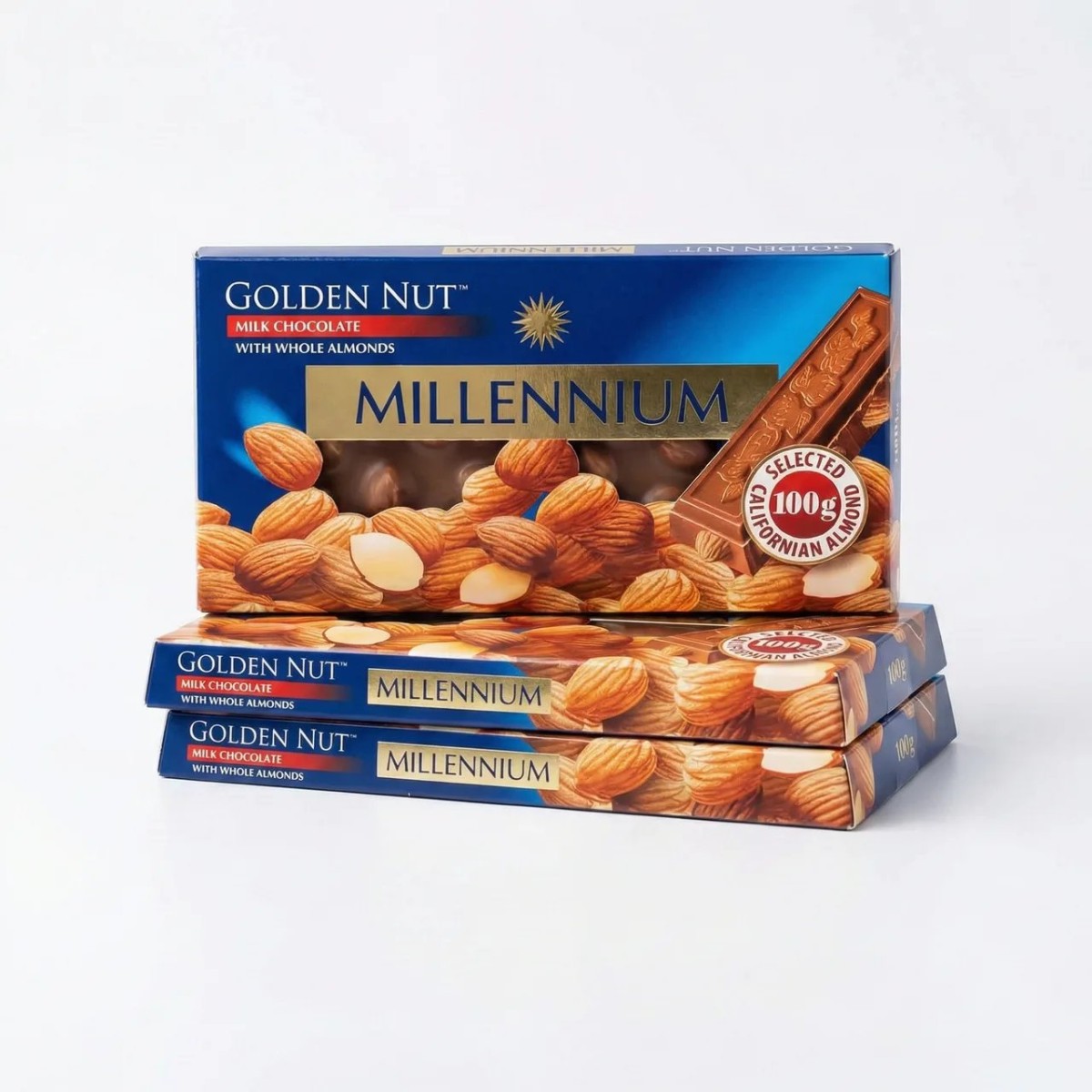 Набір шоколаду Millennium Golden Nut з цілим мигдалем (3 шт х 100 г). Молочний шоколад (арт. 6412)