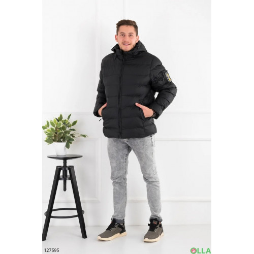 Чоловіча зимова куртка чорна з капюшоном, тепла парка на штучній вовні, коротка (арт. 7052)