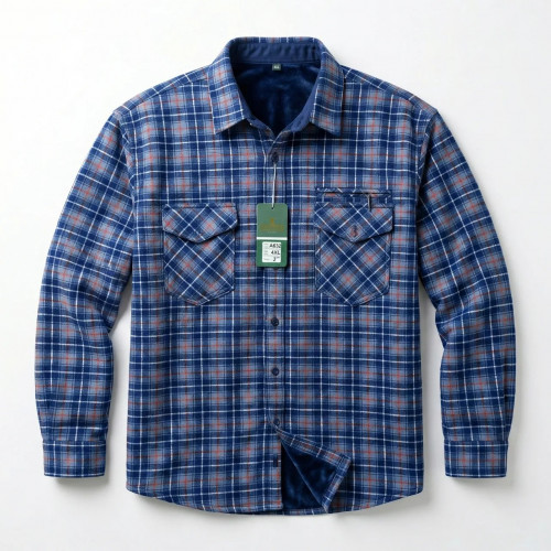 Мужская теплая рубашка в клетку на меху Gold Golf Man (р. 46-56) | Зимняя байковая рубашка синяя (арт. 7063)