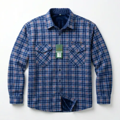 Чоловіча тепла сорочка в клітинку на хутрі Gold Golf Man (р. 46-56) | Зимова байкова сорочка синя