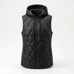 Жіноча тепла жилетка з капюшоном Чорна (ромб). Стьобана безрукавка зі стразами 46-54 (арт. 7139)