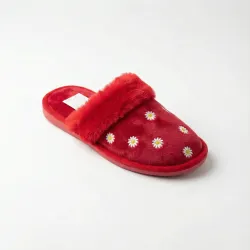 Хатні капці жіночі (р. 36-41) пухнасті червоні з ромашками, теплі