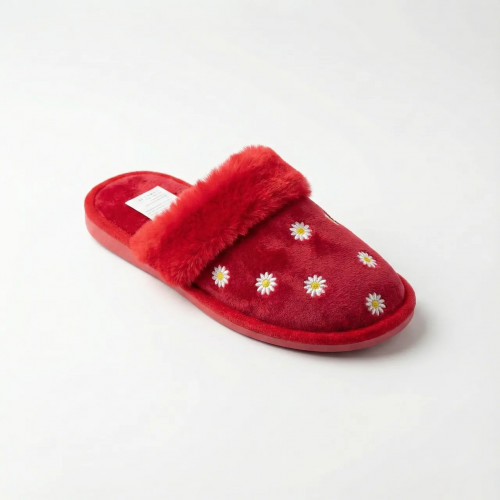 Хатні капці жіночі (р. 36-41) пухнасті червоні з ромашками, теплі