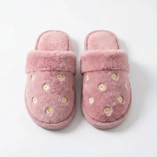 Жіночі плюшеві кімнатні капці Рожеві з ромашками (40-41). М'які домашні капці хутряні