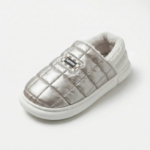 Зимние дутые тапочки Серебристые (36-45) Унисекс шлепанцы Superme на меху теплые (арт. 8217)