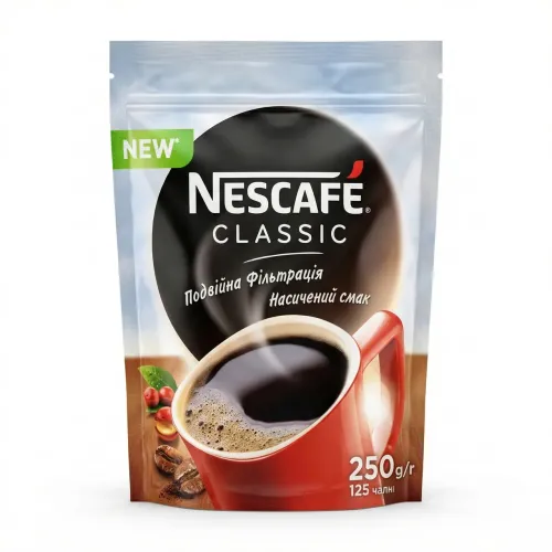 Кава розчинна Nescafé Classic 250 г | М'яка упаковка, Подвійна фільтрація, На 125 чашок