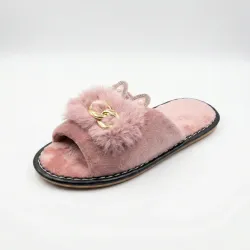 Хатні капці жіночі хутряні рожеві з ланцюжком Модні пухнасті капці відкриті стрази 36-41