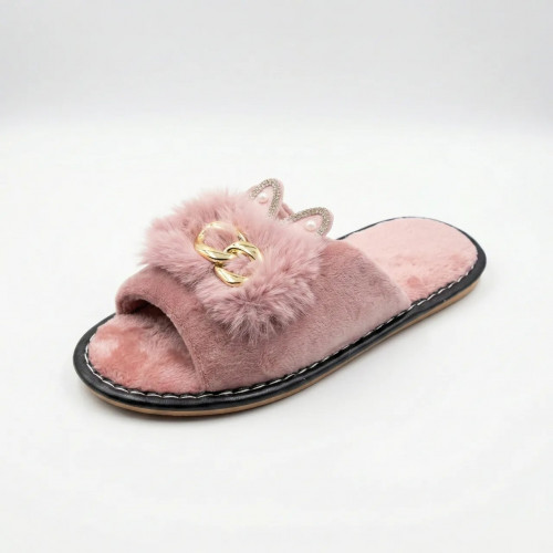 Хатні капці жіночі хутряні рожеві з ланцюжком Модні пухнасті капці відкриті стрази 36-41