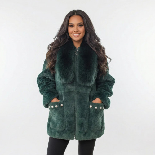 Женская кофта-альпака на молнии с меховым воротником Изумрудная (50-54) теплый кардиган (арт. 7859)