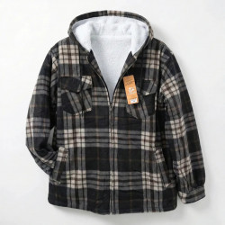 Мужская зимняя рубашка-куртка с капюшоном на меху. Теплая байковая кофта в клетку (Батал)