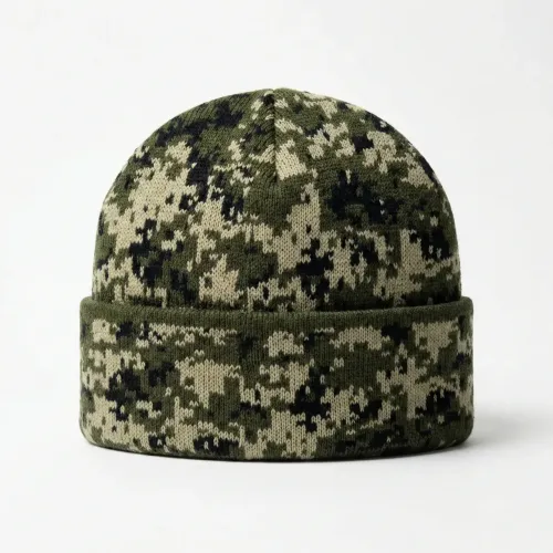 Шапка зимова в'язана Камуфляж (Піксель) хакі. Тепла тактична шапка з відворотом унісекс