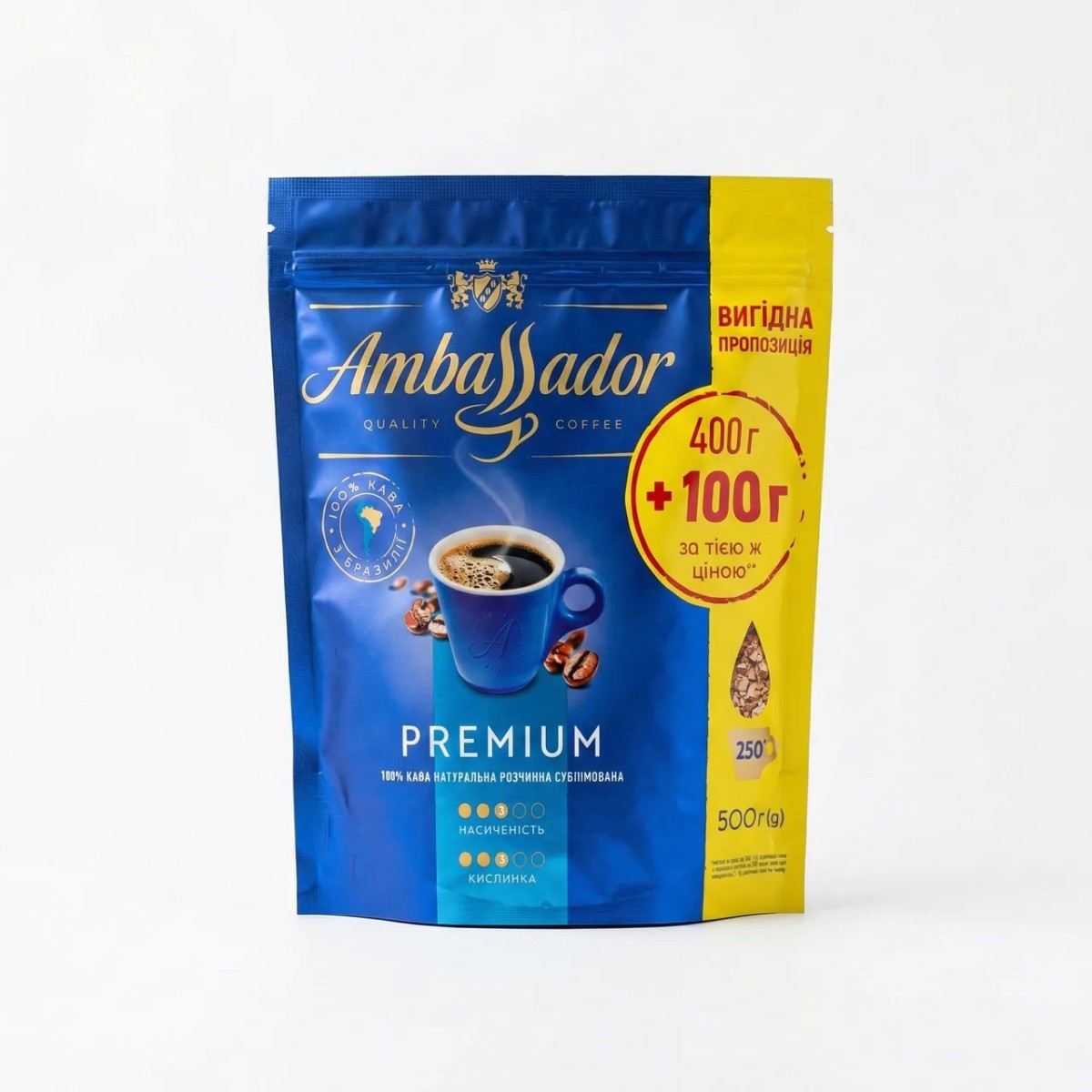Кава розчинна Ambassador Premium 400 г (Акція 300+100) | Бразильська, Сублімована, Вигідна пропозиція (арт. 6312)