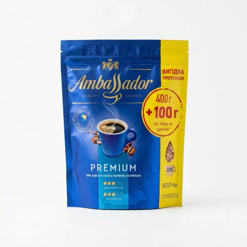 Кава розчинна Ambassador Premium 500 г (Акція 400+100) | Бразильська арабіка, Сублімована, Економ-пакет